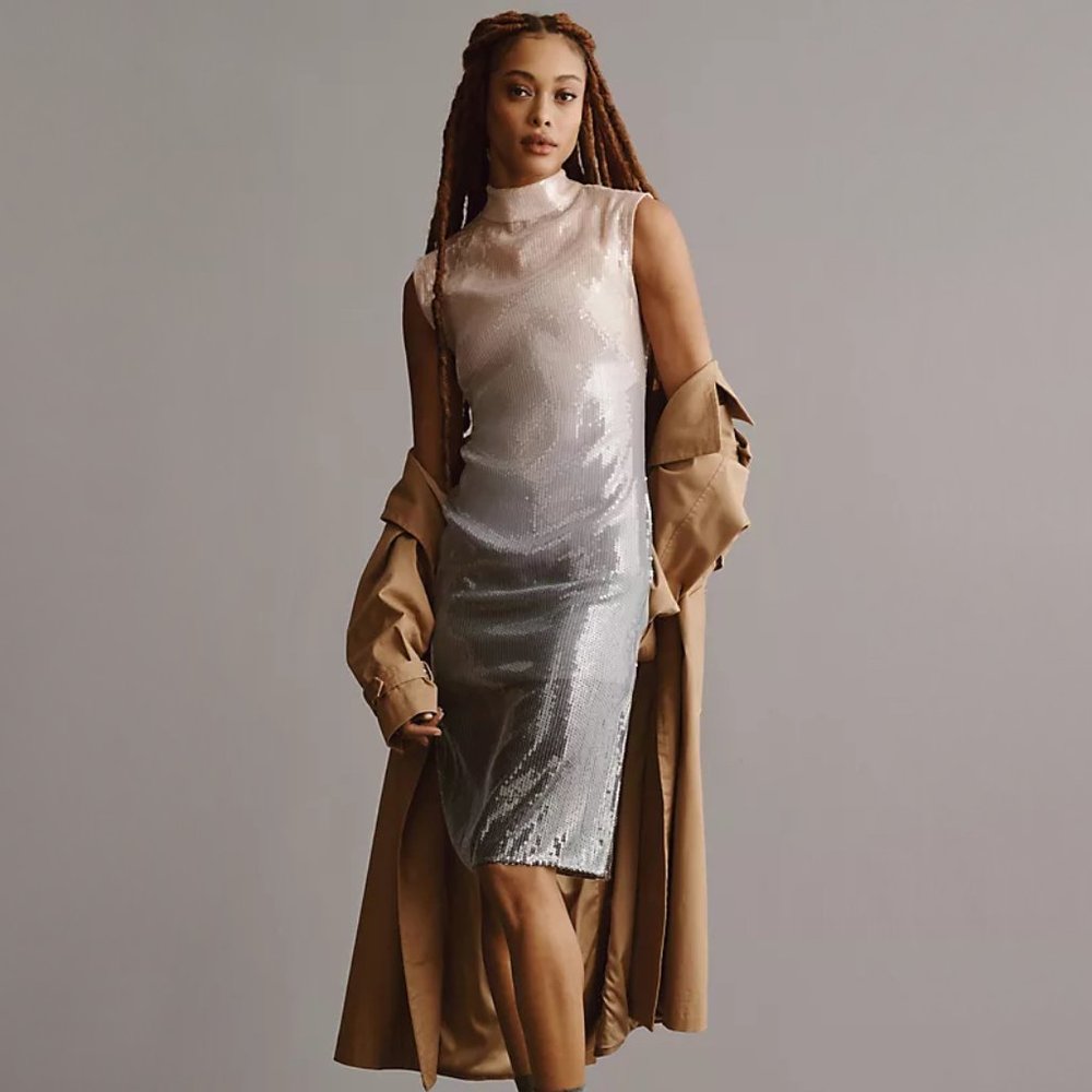 ANTHROPOLOGIE | Ombre Sequin Cap-Sleeve Mock Neck Midi Dress | NWT